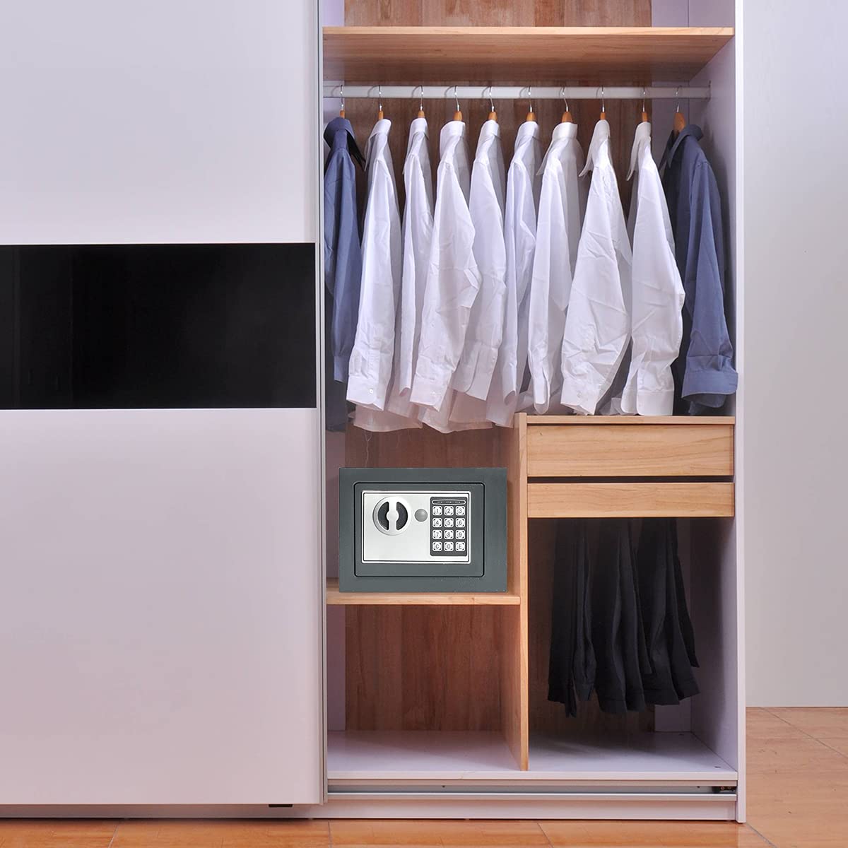 Jssmst Small Safe Box for Money - 0.23CF Mini Safe with Electronic Keypad, Lockable Box for Home Security and Personal Storage, 9.06 x 6.69 x 6.69 inch, Grey