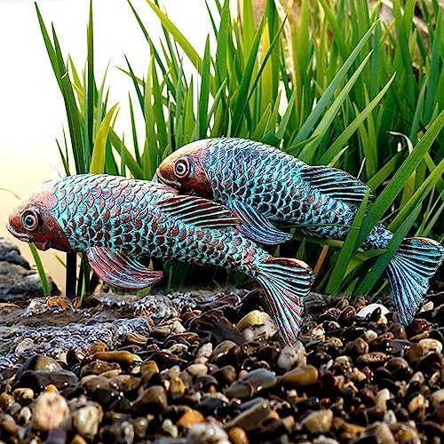 Koi Fish Decor - Set of 2 Antique Koi Fish Garden Statue for Outdoors, Patio and Backyard Decoration