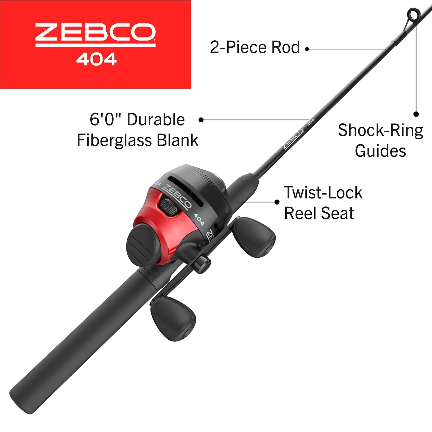 Zebco 404 Spincast Reel and Fishing Rod Combo, 6-Foot 2-Piece Fishing Pole, Size 40 Reel, Right-Hand Retrieve, Pre-Spooled with 15-Pound Zebco Line, Black/Red