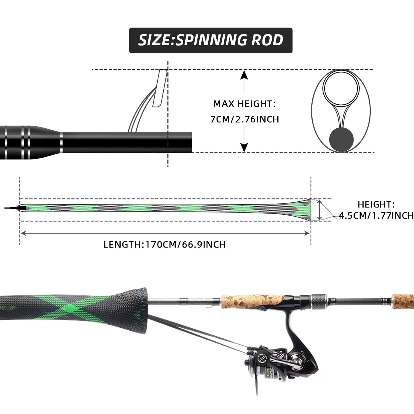 SF Standard Spinning Rod Sock Fishing Rod Sleeve Rod Cover Braided Mesh Rod Protector Pole Gloves Fishing Tools for Spinning Fishing Rod Green-Black-2PCS Fit Spinning Rod 6-1/2FT to 7-1/2FT
