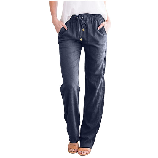 MELDVDIB Womens Casual Pants Straight Leg Drawstring Elastic Waist Cotton Linen Pants Loose Comfy Trousers with Pockets Navy