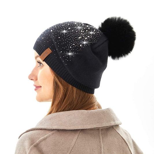 Women Winter Beanie Knitted Hats with Faux Fur Pom Pom Black Warm Soft Slouchy Fleece Cashmere Chemo Cancer Headwear Cap Diamante Gorros De Invierno De Mujer, for Womens Lady Mother