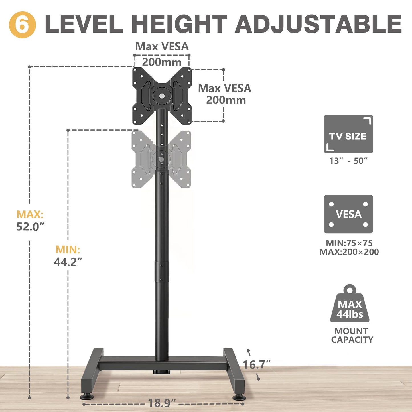TVON TV Floor Stand for 13-50 inch LCD LED Flat/Curved Panel Screen TVs up to 44 lbs, Height Adjustable TV Stand Mount with VESA 200x200, Portable TV Stand for Bedroom, Dorm Room, Office