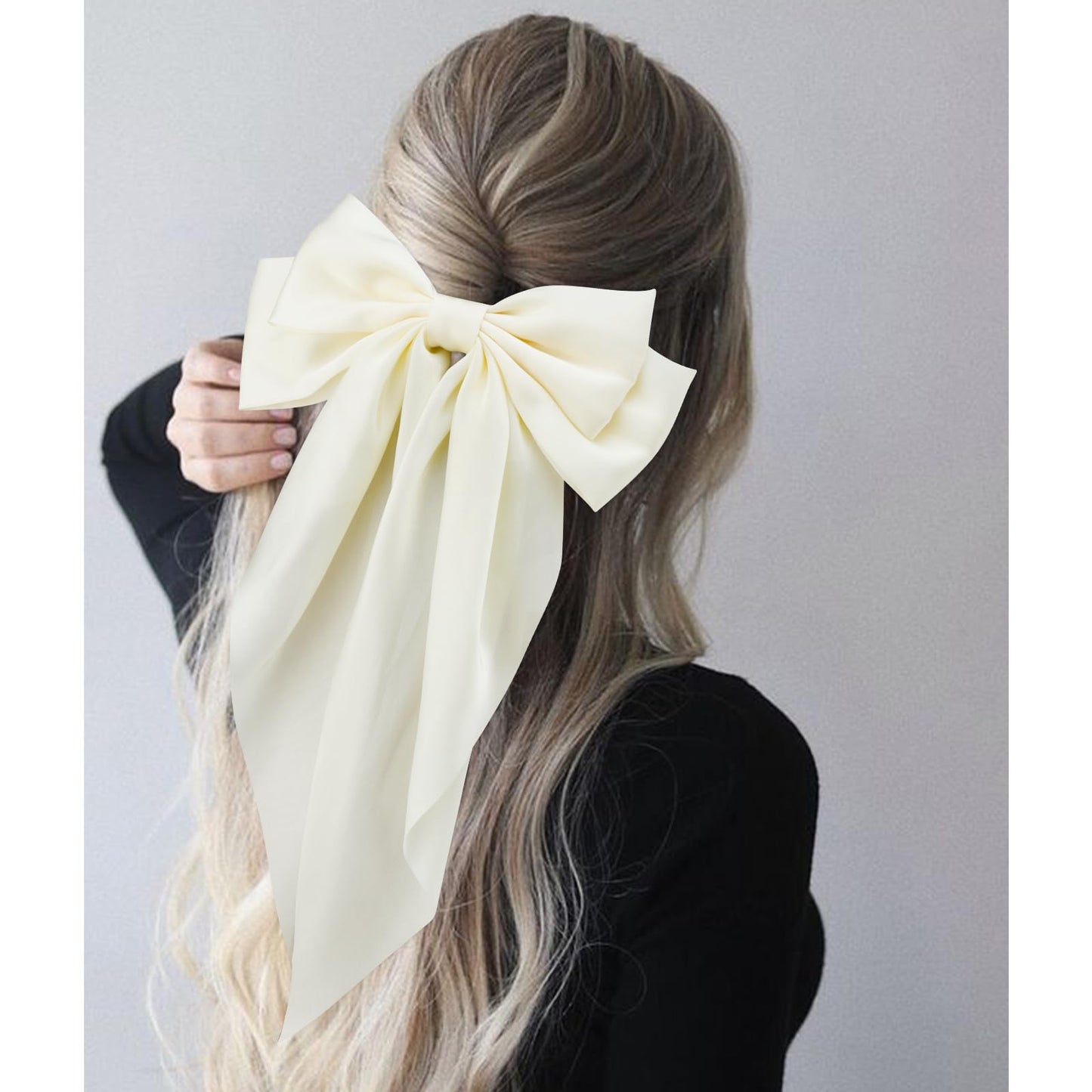 Velscrun Hair Accessories: 3Pcs Silky Satin Oversized Hair Bows and Barrettes in White, Black, and Dark Blue - Large Ribbons with Long Tails for Women and Girls