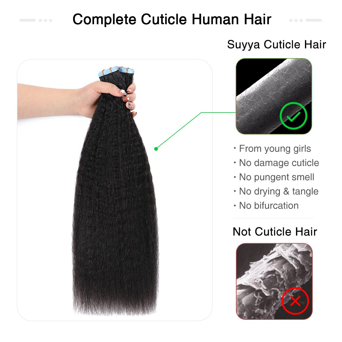 SUYYA Tape in Hair Extensions Human Hair Kinky Straight Tape in Extensions Natural Black 14 Inch Skin Weft 40g/Pack 20PCS Tape INS for Women (#1B Natural Black)