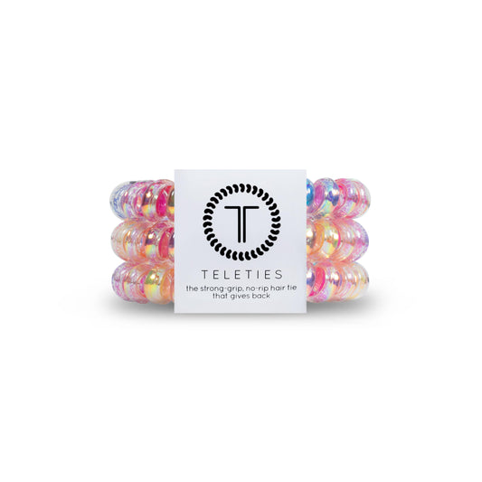 TELETIES - Spiral Hair Coils - Ponytail Holder Hair Ties for Women - Phone Cord Hair Ties - Strong Grip, No Rip, Water Resistant, No Crease Hair Tie Coils - 3 pack (Large, Eat Glitter for Breakfast)