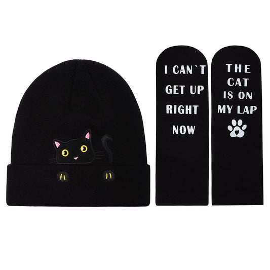 Women's Cat Beanie Hats and Funny Socks Set Cute Cat Lover Gifts Kitty Knitted Hat Winter Skiing Slouchy Warm Cap for Girls Black
