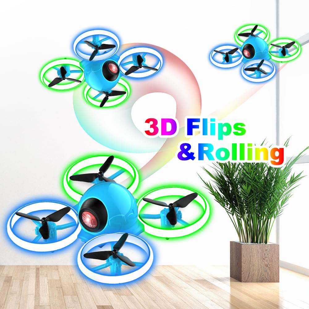 Dwi Dowellin Mini Drone for Kids, 4.9 Inch Small Flying Toys Drones with LED Light One Key Take Off Spin Flips RC Mini Drones Nano Quadcopter Long Flight Time Drones for Beginners and Adults, Blue