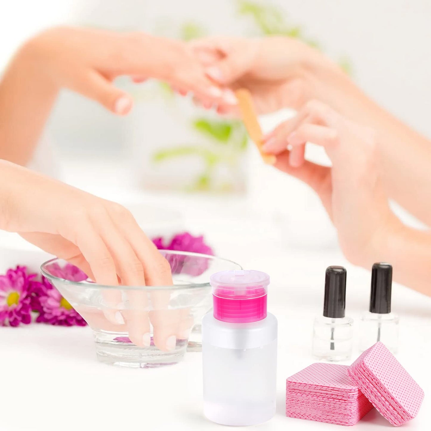 400 Pieces Nail Cotton Pads,1 Pull-Down Pump Dispenser Bottle,Super Absorbent Soft Non-Woven Eyelash Glue Wipes,Nail Polish dehumidifier for Eyelash Extension Products and Nail Oil Bottle(Pink White)