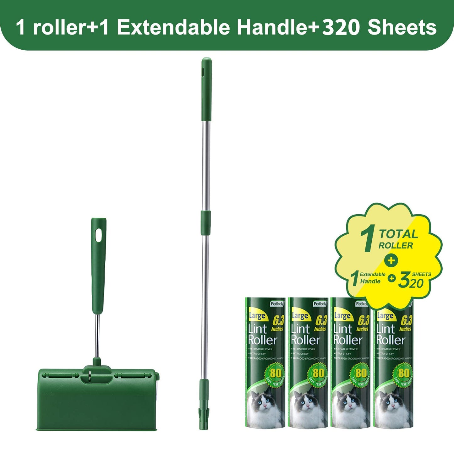 Fedicelly Large Lint Rollers Pet Hair Extra Sticky Floor, Cat Dog Hair Remover Laundry Clothes Carpet Furniture,6.3 inches Wider with 320 Sheets Giant Lint Remover Brush for Couch with Long Handle