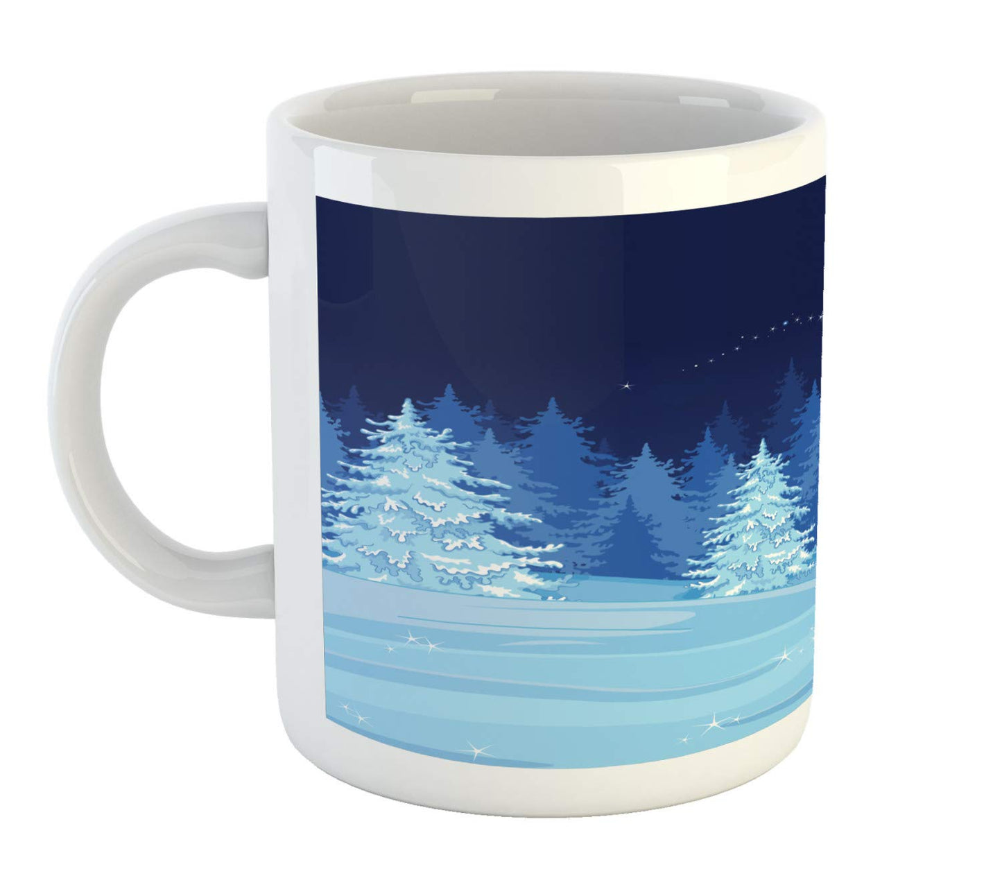 Lunarable Winter Scene Mug, Pine Trees Snowfall in Forest at Night Print, Ceramic Coffee Mug Cup for Water Tea Drinks, 11 oz, Indigo Blue