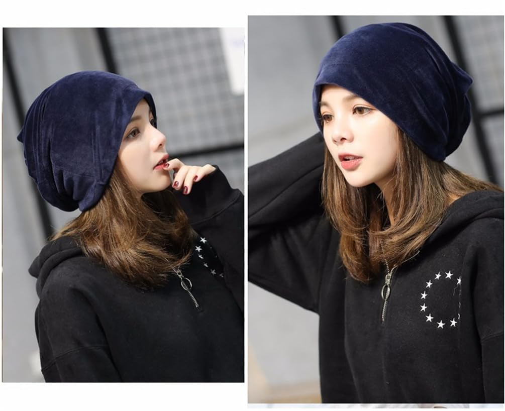 UbdehL Women's Velvet Beanie Winter Korean Fashion Hats Cap Warm Stretch Headwear Soft Skull (Navy Blue,One Size)