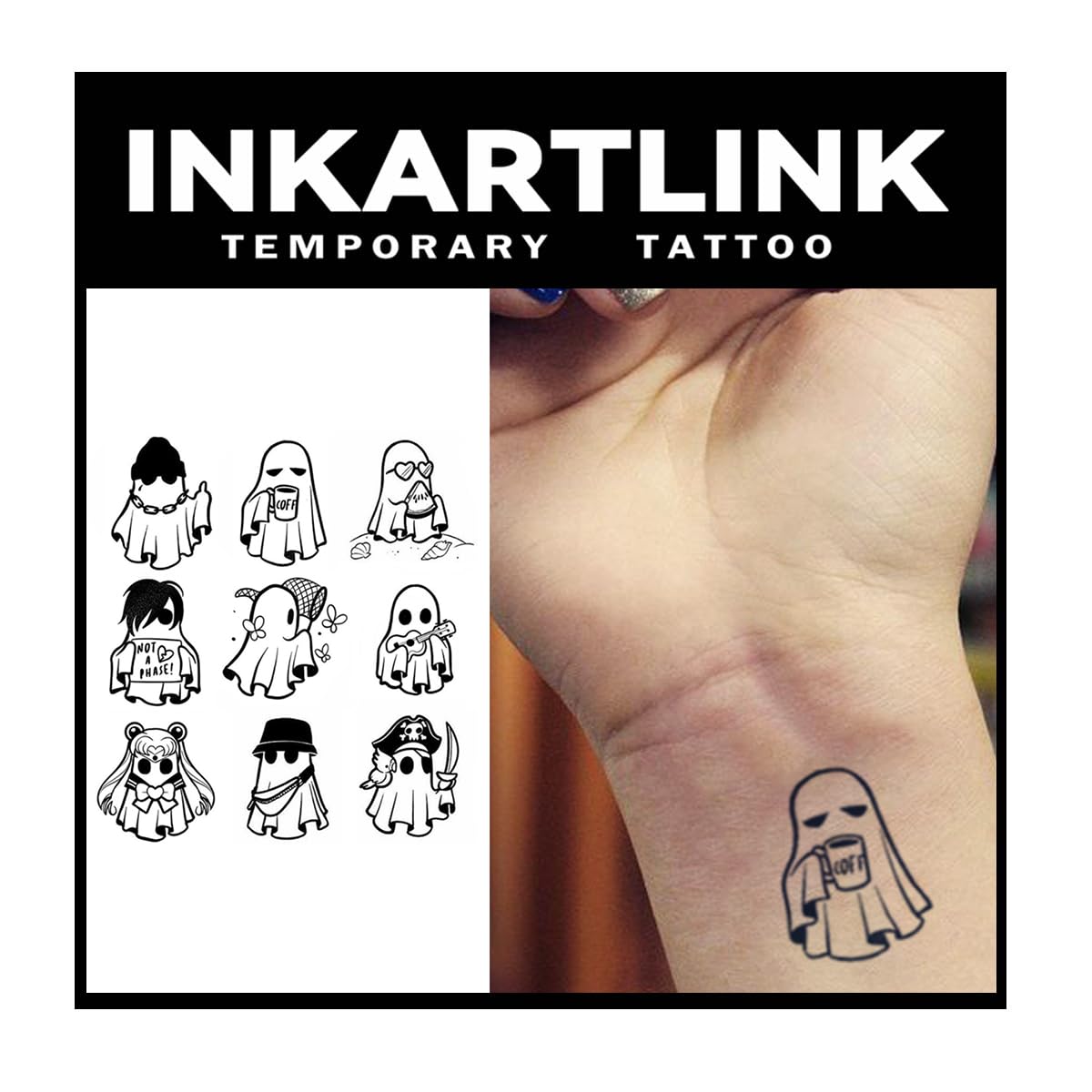 INKARTLINK Tattoo Tech, 2 Sheets Extra-Large Semi Permanent Tattoo, Adult Art Design Temporary Tattoos, Lasts 1-2 Weeks, Waterproof, Realistic Look, No Adhesive, No Reflection (Little Ghost Designs)
