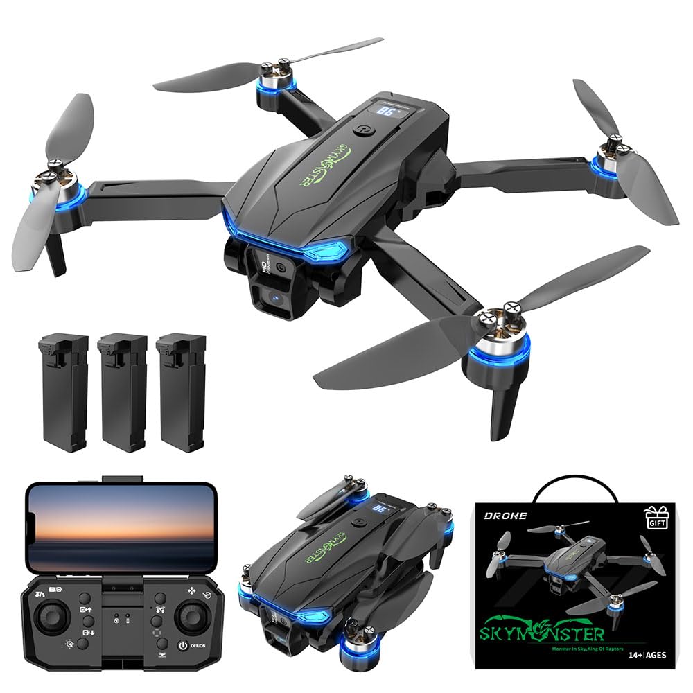 SKYMONSTER RC Drone,Drones With Camera For Adults 1080P HD Camera,3PC Batteries, Brushless Motor,FPV Foldable RC Quadcopter, Real-Time Battery Display,for Childers toys With Gift Box