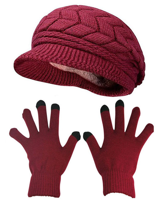 HINDAWI Winter Hat Gloves for Women Knit Warm Snow Ski Outdoor Caps Touch Screen Mittens Burgundy