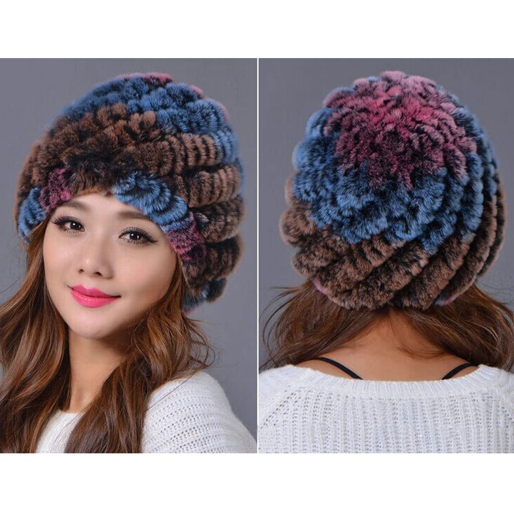 Lifenanny Women's Rex Rabbit Fur Hats, Fashion Winter Warm Furry Hat Knit Beanie Hat Ski Skull Cap (Mixed)