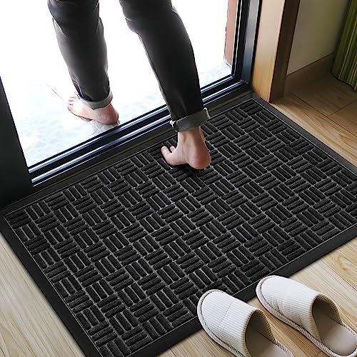 Mibao Front Door Mat, Heavy Duty Durable Welcome Mat for Outdoor Indoor, Dirt Trapper Waterproof Super Absorbent Door Mat for Entryway Outside Patio Porch, 29.5" x 17", Black