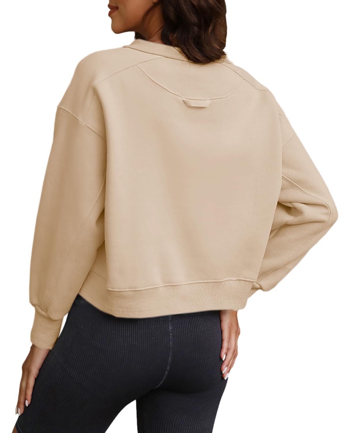 SENSERISE Womens Cropped Crewneck Sweatshirts Oversized Sweatshirt Fleece Pullover Crop Top Winter Fall Outfits (Apricot Beige,L)