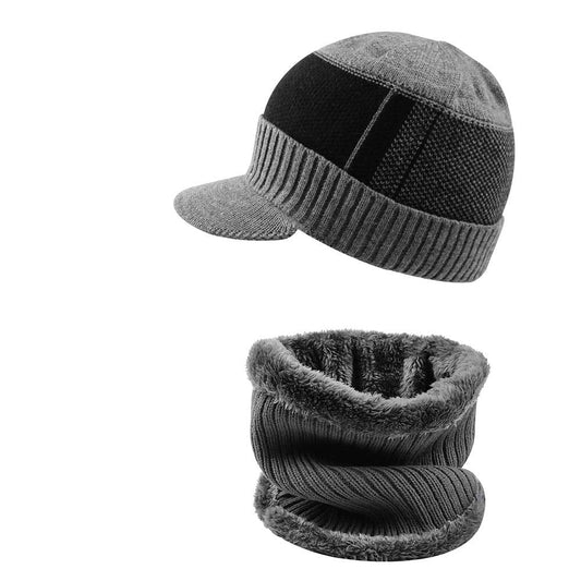 XIAOHAWANG 2-Pieces Winter Hat Scarf Set Knit Cable Visor Beanie Warm Scarves Fleece Lining Patchwork Stripe Newsboy Cap with Brim for Outdoor Sport(Grey)