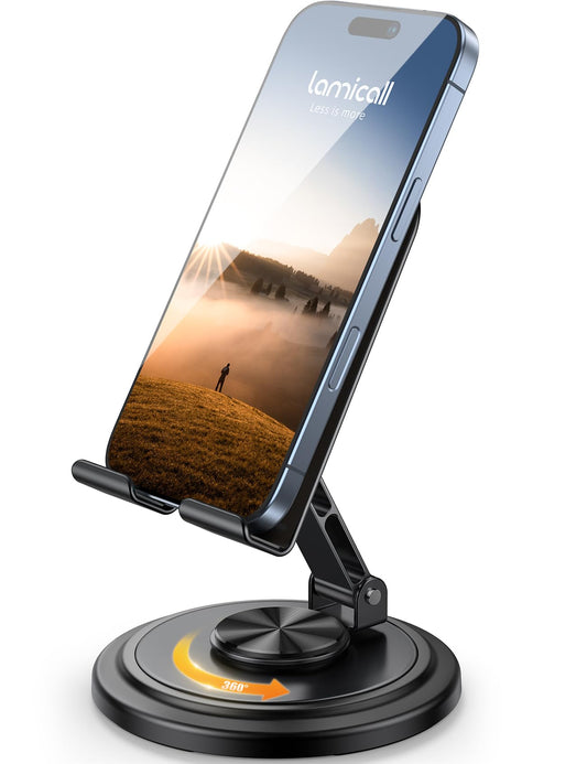 Lamicall Cell Phone Stand for Desk - [360° Rotation] Sturdy Adjustable Desktop Phone Holder, Foldable Mobile Stand, Office Desk Accessories for iPhone 16 15 14 Pro Max, Galaxy S25 S24, All Phones