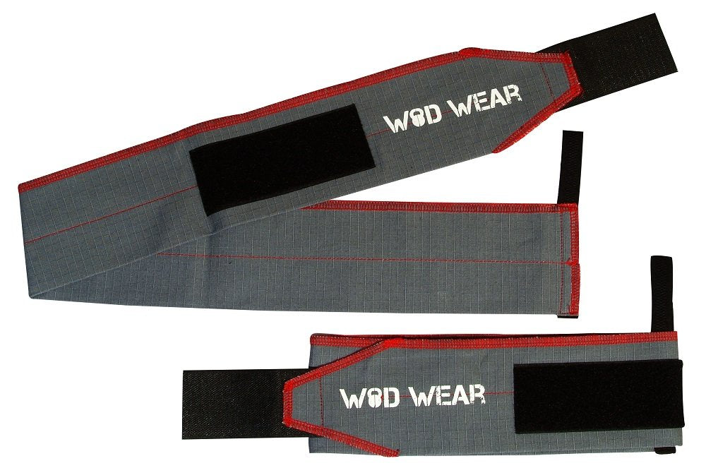 WOD Wear Wrist Wraps with Thumb Loop for Powerlifting, Strength Training, Bodybuilding, Cross Training, Olympic Weightlifting, Yoga - One Size Fits All - (Grey/Red Stitch)