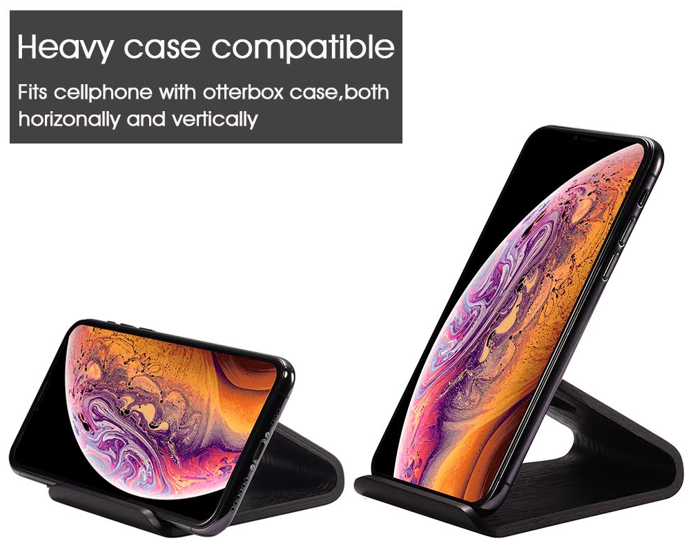 SAMDI Wood Cell Phone Stand for Desk, Fixed Desktop Phone Holder Compatible with iPhone 13 12 11 Plus X XR, LG, Huawei, XiaoMi, Samsung Galaxy S5 S7 S6 and All Phones (Oak Wood Black)