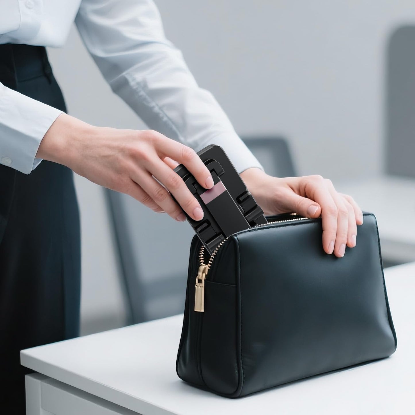 Phone Stand for Desk, Cell Phone Holder Adjustable Cellphone Stand for Desk Height Angle Adjustable Stands, Anti-Slip Base, Compact Design for iPhone Android Devices,Black