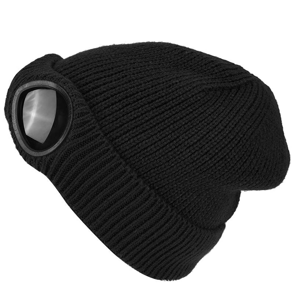 TecHong Unisex Knitted Goggles Beanie - Winter Stylish Skull Warm Cap, Outdoor Sports Fashion Fleece Lining Stretchy Hat Black