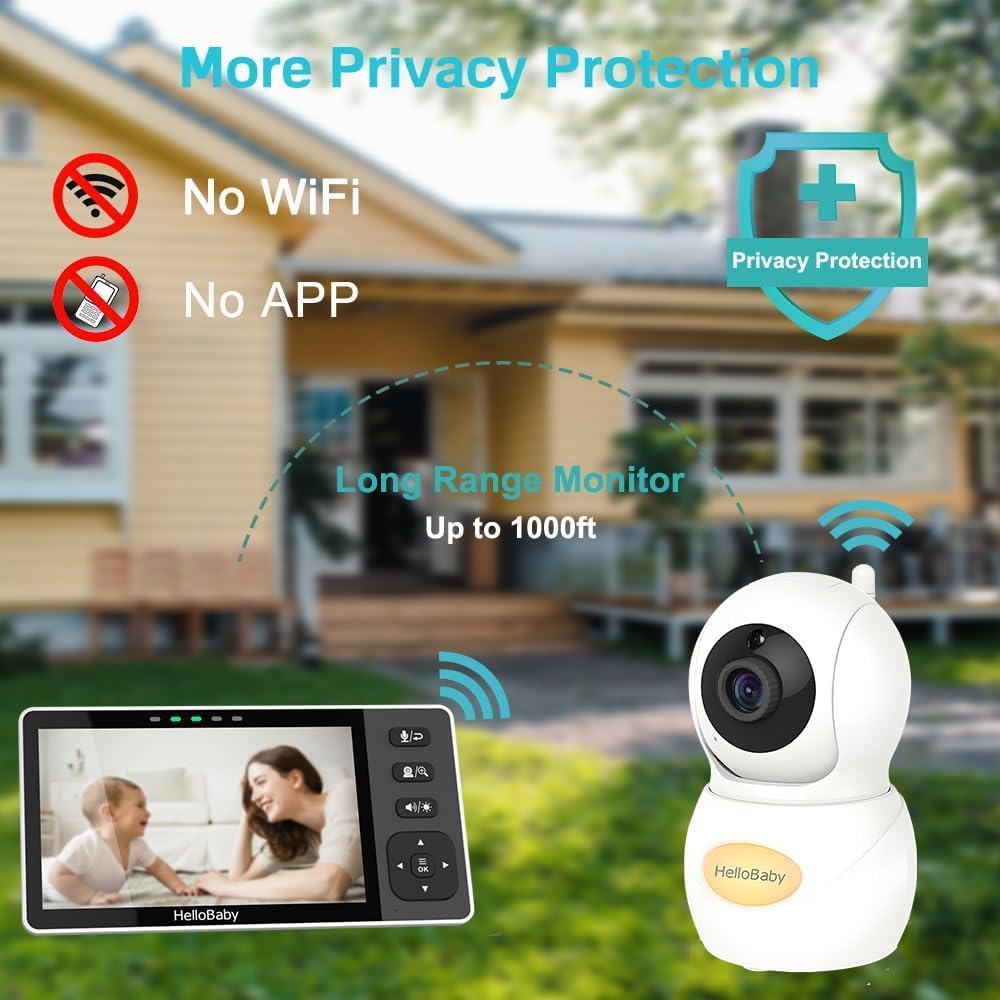 HelloBaby 720P Mountable Baby Monitor with Camera and Audio No WiFi, 5.5'' HD Easy Set Up Video Baby Monitor, Remote Pan Tilt Zoom, Night Light, 4000mAh Battery, 1000ft, 2-Way Audio 1080P Camera