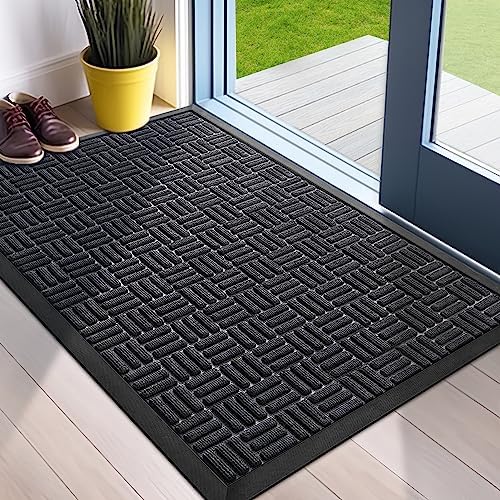 Mibao Front Door Mat, Heavy Duty Durable Welcome Mat for Outdoor Indoor, Dirt Trapper Waterproof Super Absorbent Door Mat for Entryway Outside Patio Porch, 29.5" x 17", Black