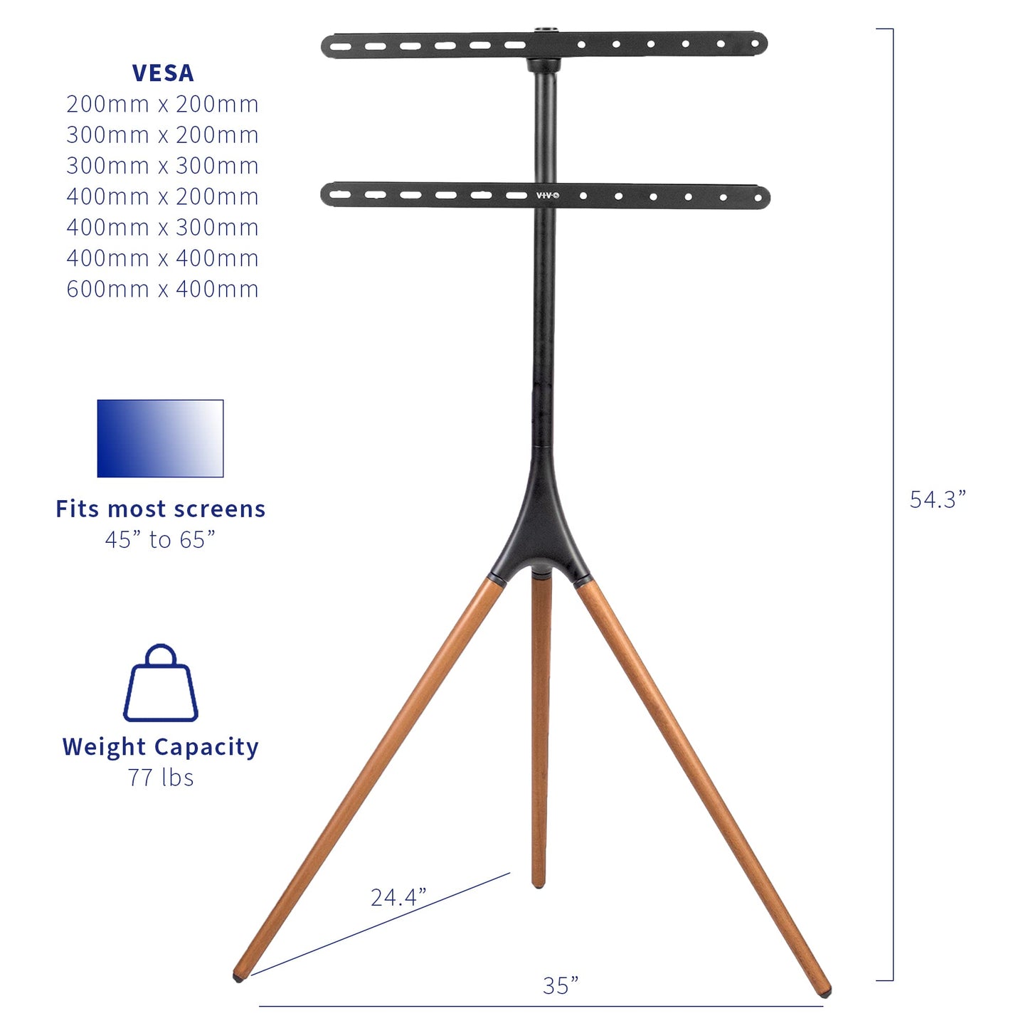 VIVO Artistic Easel 45 to 65 inch LED LCD Screen, Studio TV Display Stand, Adjustable TV Mount with Swivel and Tripod Base, Black Bracket, Dark Walnut Legs, STAND-TV65A