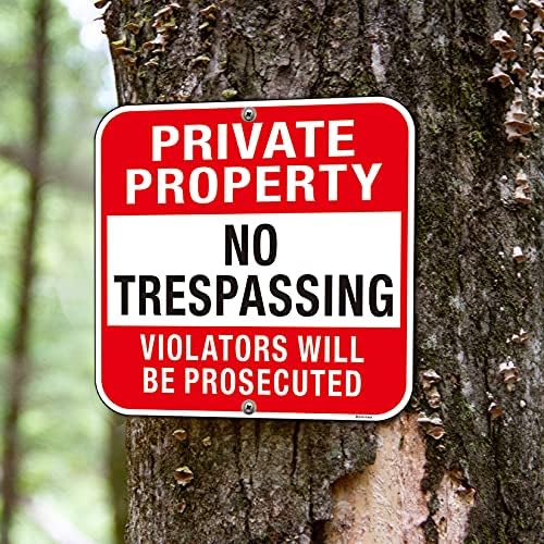 Large (4 Pack) Private Property No Trespassing Sign, 12x12 Inches Metal Heavy Duty Reflective Aluminum, Violators Will Be Prosecuted, Outdoor Weatherproof, Easy to Install