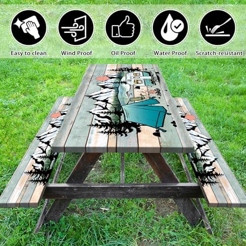 Picnic Table Cover with Bench Covers 6FT Outdoor Camping Essentials Waterproof Fitted Picnic Table Cloth Wood Texture Fitted Picnic Tablecloth with Elastic(3pcs-72")