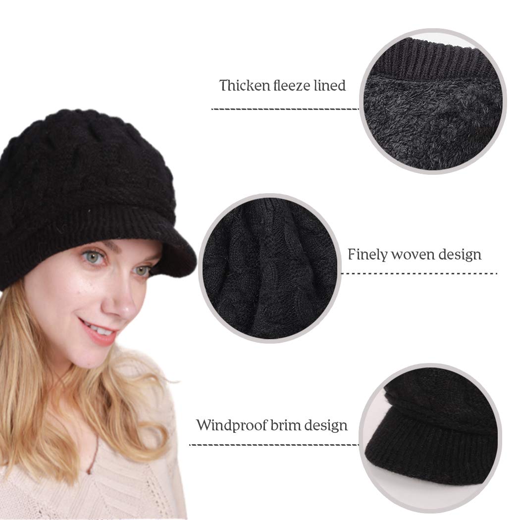 Blufly Winter Hats Cable Knitted Beanie Hat with Visor Beret Ribbed Ski Beanie Cap Slouchy Skull Hat Cap Headwear for Women and Girls (Black)