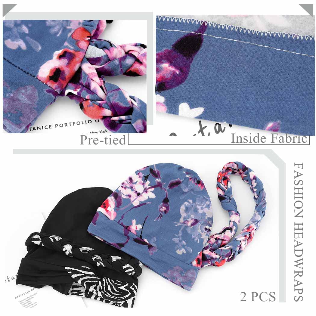 Woeoe African Turbans Blue Braid Stretch Headwear Print Pattern Head Scarf Pre-Tied Beanie Cap Head Wraps for Women and Girls(Pack of 2)