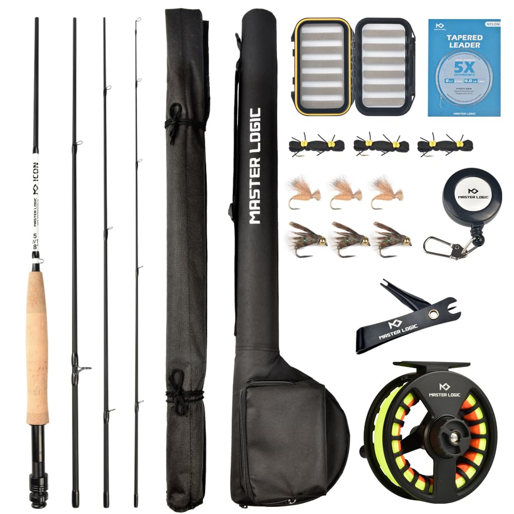 MASTER LOGIC Fly Fishing Rod and Reel Combo Starter Kit, 5-Weight 8 Foot Fly Fishing Rod, 4-Piece Graphite Fly Fishing Rod Kit Accessories