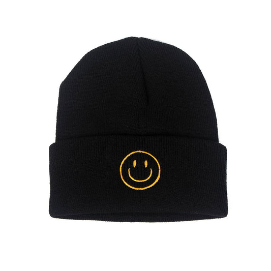 AJG Beanie Hats for Men,Unisex Smile Face Embroidered Acrylic Soft Warm Winter Cuffed Knit Hats for Women (1-Black)