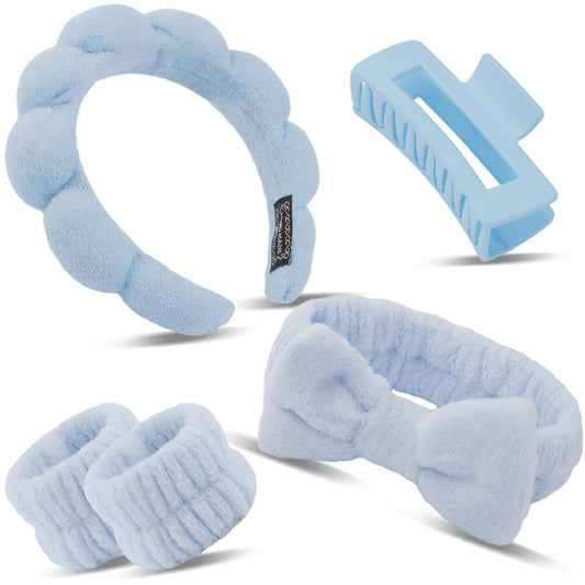 Canitor Spa Headband Wrist Bands Set with Hair Clips Skincare Headband for Washing Face Skin Care Puffy Makeup Headband Preppy Teen Girl Gifts Cute Trendy Stuff Hair Accessories for Women (blue)