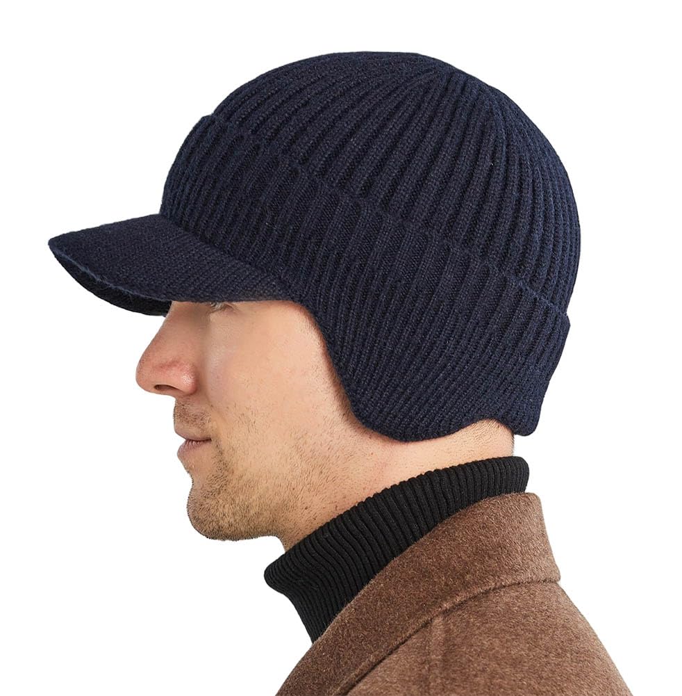 MINAKOLIFE Men's Winter Visor Beanie Hat with Earflaps Knit Baseball Cap with Brim Ski Hat Warm Fleece Lined Hunting Hat (Beige)