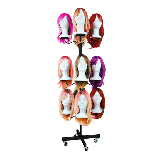 Lhysn Wig Head Stand for Styling 12-Head Wig Holder for Multiple Wigs Display Mannequin Head Stand Tripod Metal Wig Organizer Storage Rack Black- Patent Protected