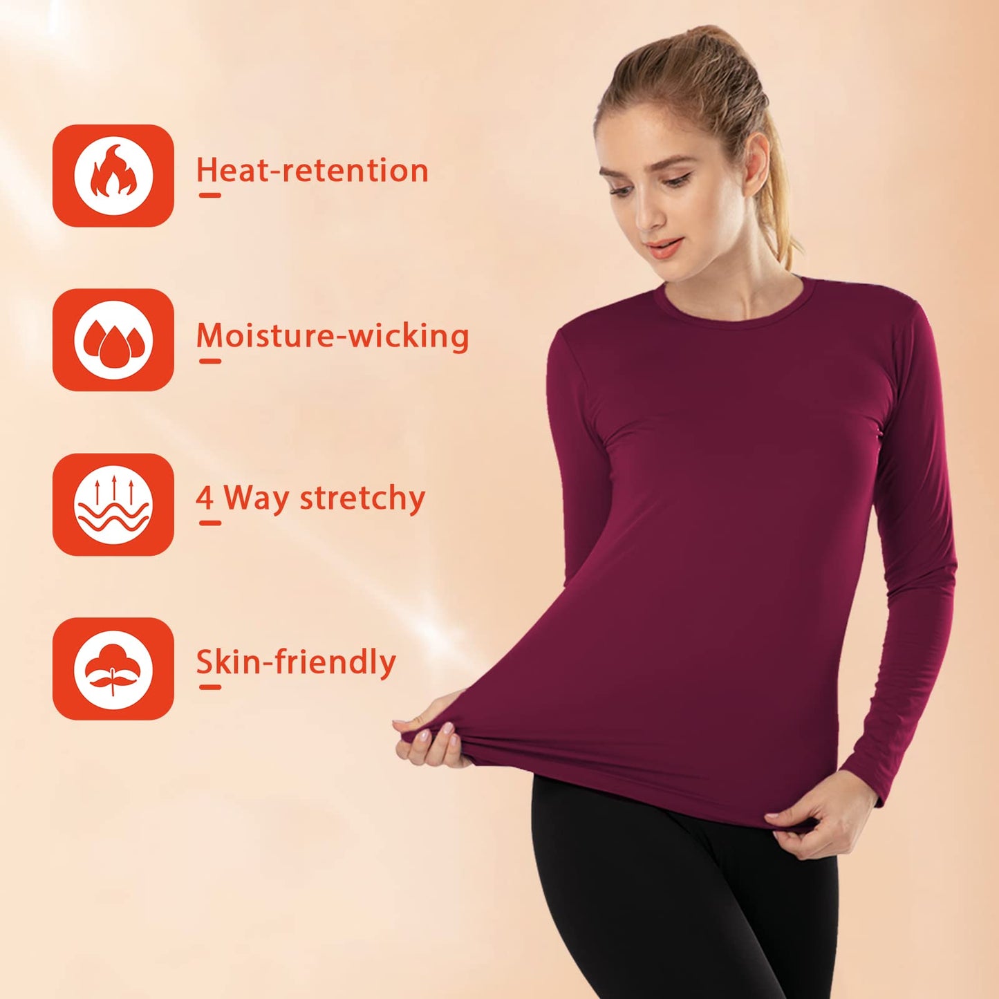 Subuteay Thermal Tops Fleece Lining Long Sleeve Thermal Shirt Womens Wine XX-Large