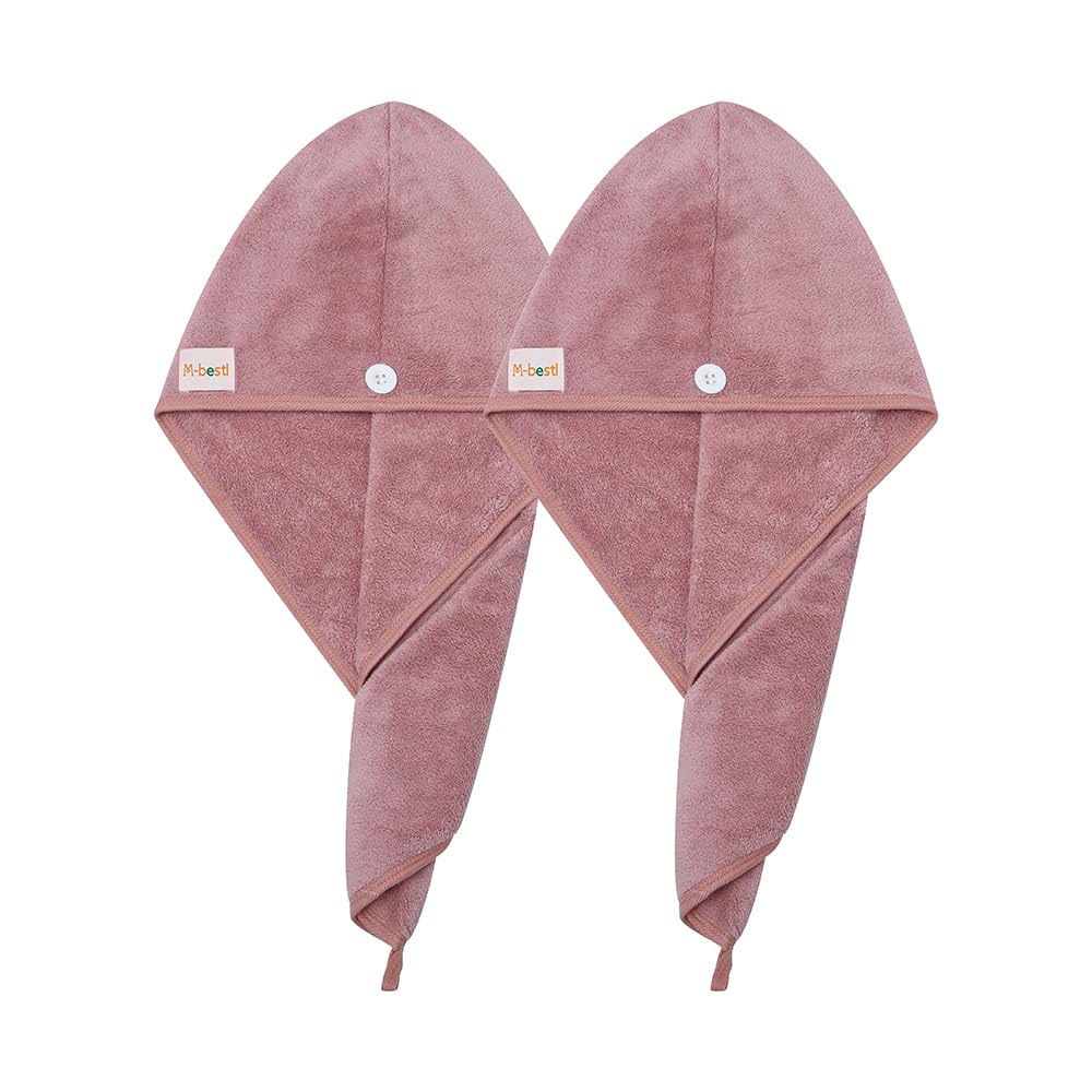 M-bestl 2 Pack Microfiber Hair Towel Wrap,Hair Drying Towel with Button Design,Head Towel to Dry Curly Hair Quickly (Bean Pink)
