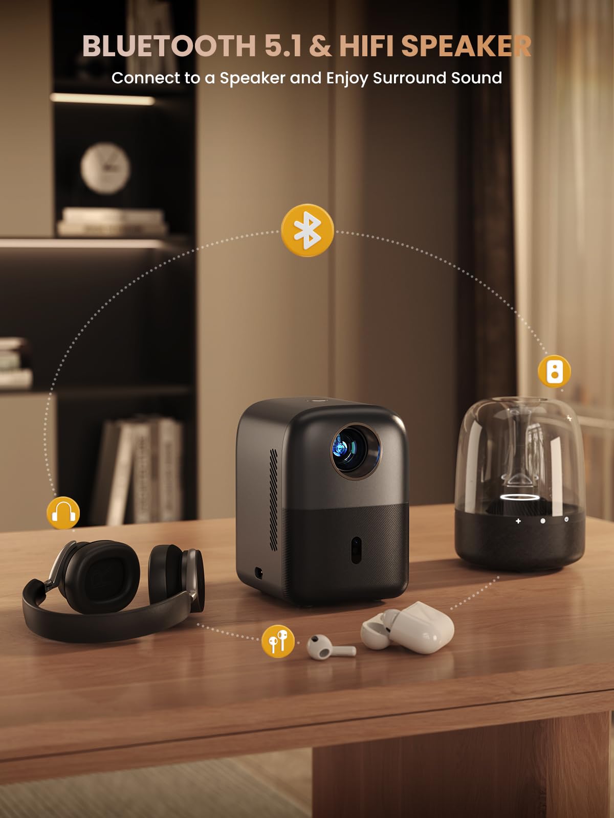 [Electric Focus] GROVIEW Mini Projector Bluetooth, Fully Sealed Portable Projector, 75% Zoom & Low Noise, Movie Projector for Phone/Laptop/Stick/HDMI/USB-Gray