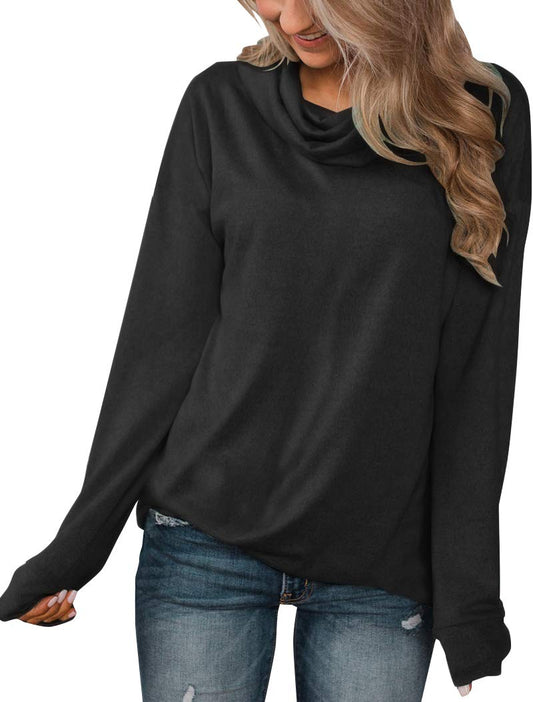 Minthunter Women's Long Sleeve Pullovers Cowl Neck Tunic Shirt Casual Sweatshirt Tops Black