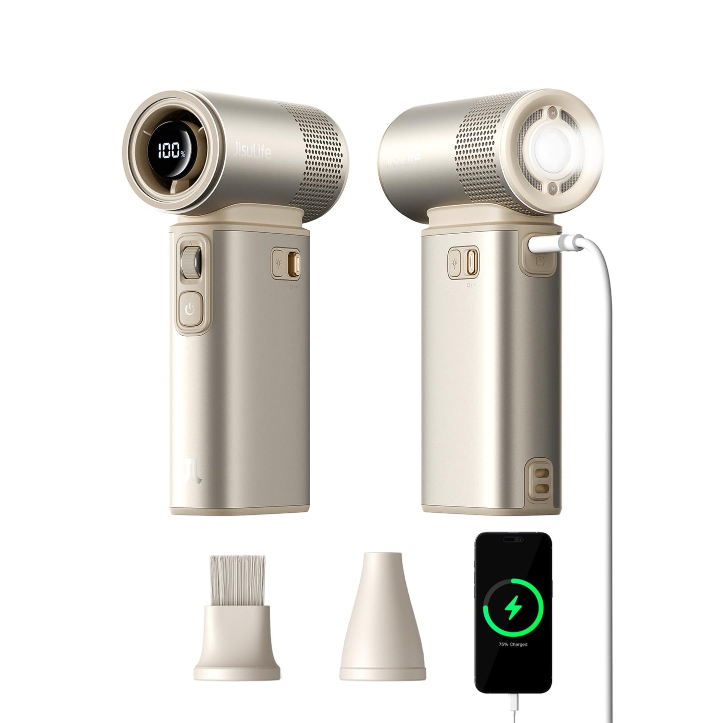 JISULIFE Portable Handheld Fan Ultra2, 9000mAh Max 25 Hrs, 5 IN 1, 100 Speed Turbo Fan Rechargeable 18W Power Bank with Flashlight, Metal Shell Multi-Function Travel Essentials Gifts for Men-Brown