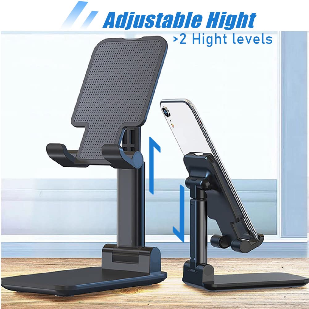 OGMAPLE Phone Stand for Desk, 2 Pack MT-6 Desk Phone Holder Stand for Office Universal Smart Phone Holder Foldable & Height Adjustable Cellphone Stand Compatible Under 8” Device, Black
