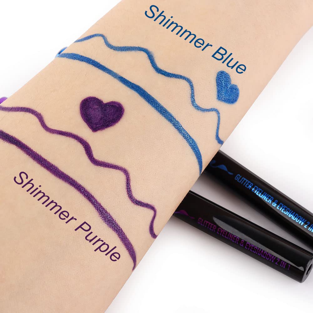 evpct 2Pcs Royal Blue & Purple Glitter Colored Liquid Eyeliner Eye Shadow Makeup Pencil Set, Purple Blue Face Body Glitter Makeup Fake Eyelashes Mascara, Sparkle Metallic Shimmer Eyeliner Waterproof