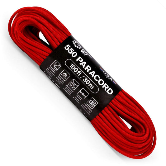 Atwood Rope MFG 550 Paracord 100 Feet 7-Strand Core Nylon Parachute Cord Outside Survival Gear Made in USA | Lanyards, Bracelets, Handle Wraps, Keychain (Red)