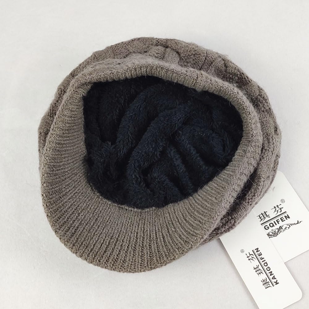 Kangqifen Women Winter Warm Knit Hat Fleece Lined Snow Ski Cap with Visor Khaki