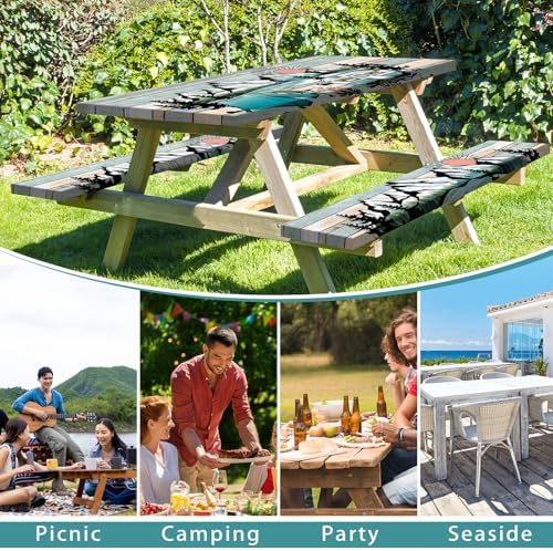 Picnic Table Cover with Bench Covers 6FT Outdoor Camping Essentials Waterproof Fitted Picnic Table Cloth Wood Texture Fitted Picnic Tablecloth with Elastic(3pcs-72")
